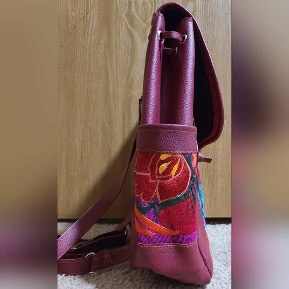 Faux Leather Floral Embroidered Backpack Purse - Picture 4 of 8